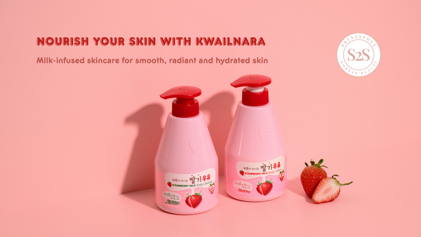 Kwailnara Milk Edition body care collection featuring kwailnara strawberry body lotion, banana, coffee, and coconut skincare products