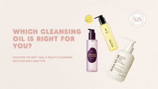 K-Beauty cleansing oils for every skin type displayed with popular Korean skincare products in a flat lay arrangement