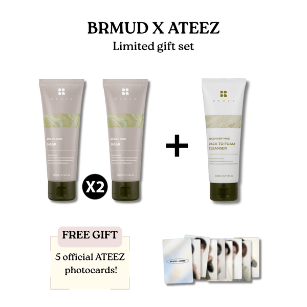 BRMUD x ATEEZ Gift Set with 2 Relief Mud Masks, Recovery Mud Pack To Foam Cleanser, mineral-rich Boryeong Mud for deep pore cleansing, acne control, blackhead removal, plus 5 official ATEEZ photo cards for ATINY fans.