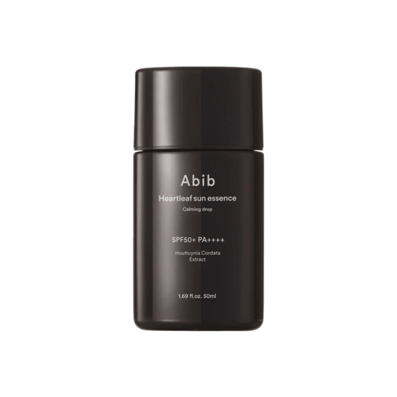 Abib Heartleaf Sun Essence Calming Drop SPF50+ PA++++ 50ml for sensitive skin with 50,000ppm heartleaf extract and lightweight UV protection.
