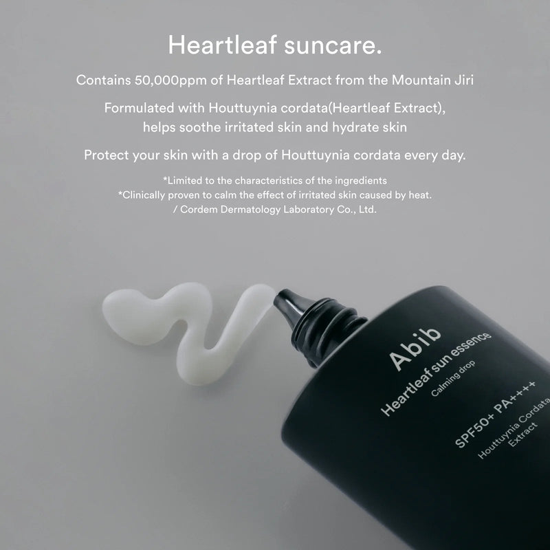 Abib Heartleaf Sun Essence SPF50+ for acne-prone or irritated skin, soothing redness and protecting against UVA and UVB rays.