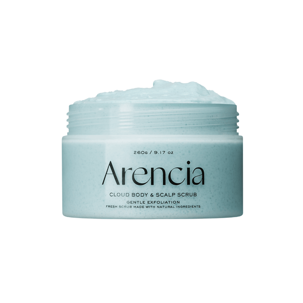 Arencia French Mint & Lily Body & Scalp Scrub 260g – gentle sea salt exfoliating treatment to remove buildup, cleanse pores, and leave skin soft and refreshed.