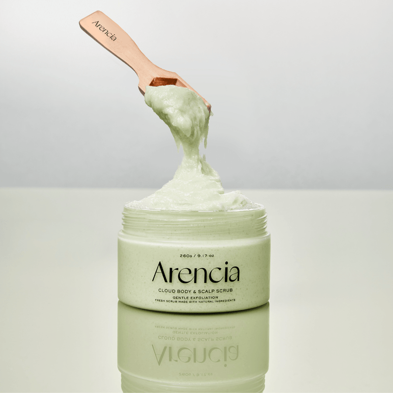 Gentle exfoliating Arencia Body & Scalp Scrub 260g with soothing geranium and primrose scent