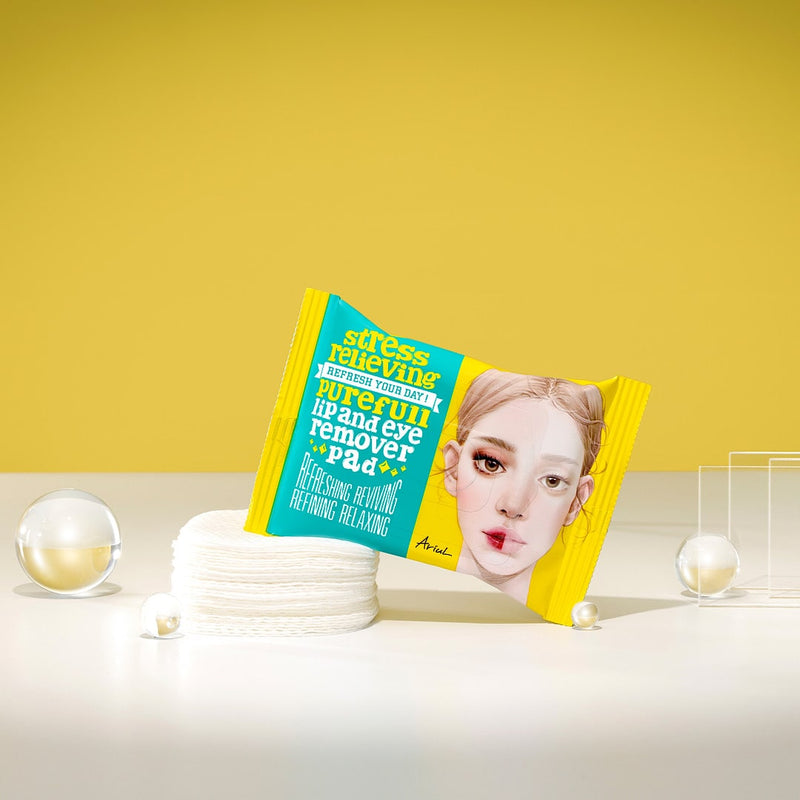 Ariul Purefull Lip and Eye Remover Pad with stress-relieving, soothing ingredients for delicate lip and eye makeup removal. Korean skincare innovation from K-beauty, ideal for sensitive skin and long-lasting hydration.