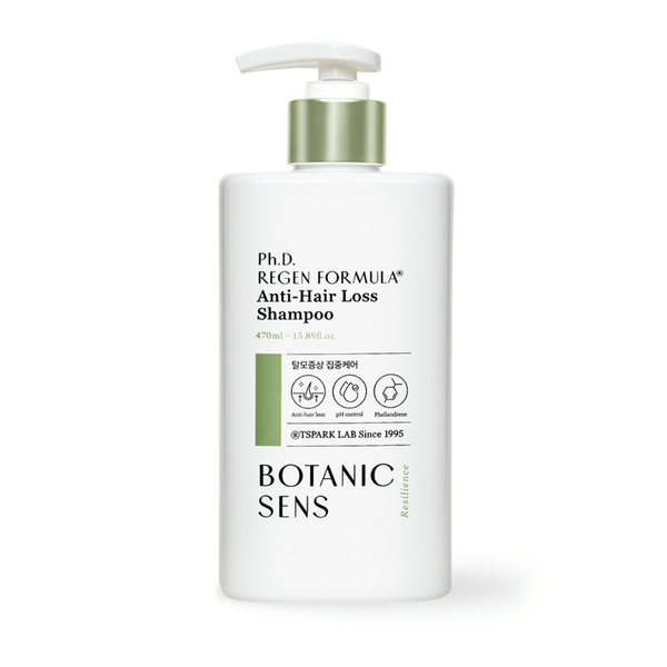 Botanicsens Ph.D Regen Formula Anti-Hair Loss Shampoo bottle, enriched with Alpha-Phellandrene for healthy hair follicles and scalp care