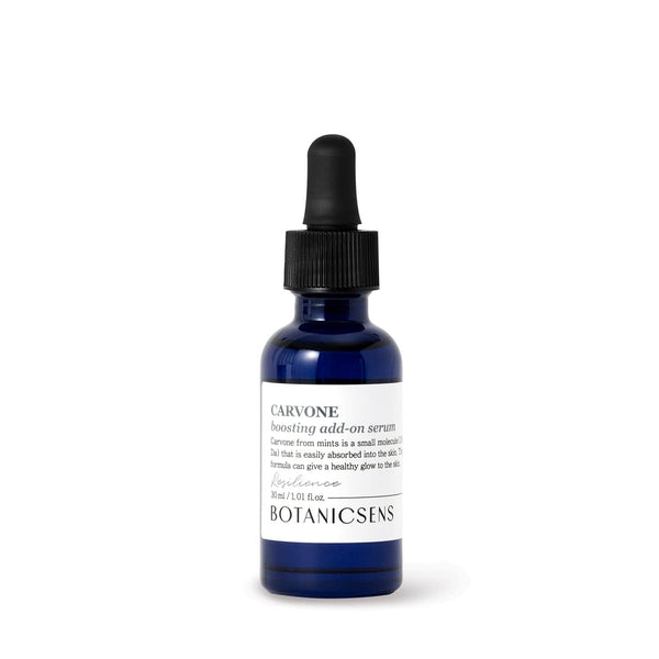 Botanicsens Carvone Boosting Add-On Serum 30ml bottle on white background, dark spot and melasma treatment serum for even-toned, hydrated skin