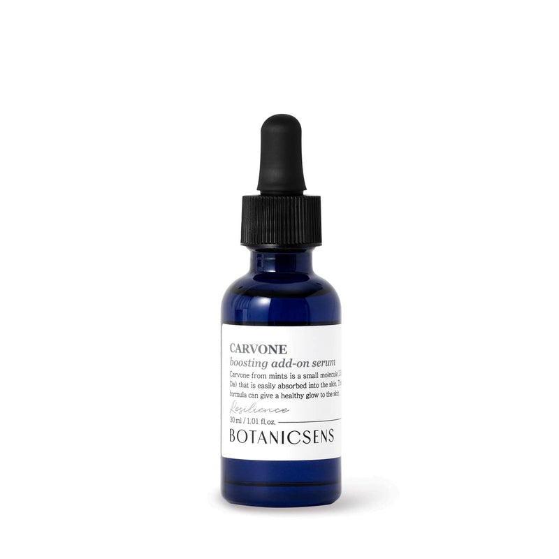 Botanicsens Carvone Boosting Add-On Serum 30ml bottle on white background, dark spot and melasma treatment serum for even-toned, hydrated skin