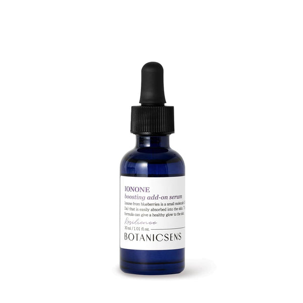 Botanicsens Ionone Boosting Add-On Serum 30ml bottle on white background, collagen-boosting vegan face serum for hydration and skin elasticity
