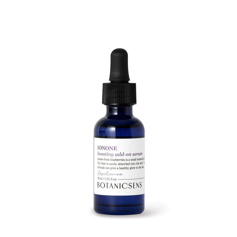 Botanicsens Ionone Boosting Add-On Serum 30ml bottle on white background, collagen-boosting vegan face serum for hydration and skin elasticity