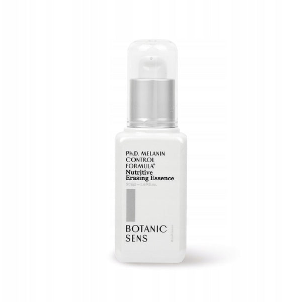 Botanicsens Ph.D Melanin Control Formula Nutritive Erasing Essence 50ml bottle, brightening skincare essence that reduces dark spots and evens skin tone