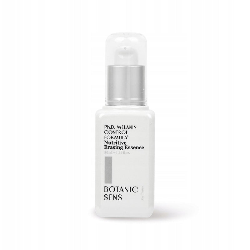 Botanicsens Ph.D Melanin Control Formula Nutritive Erasing Essence 50ml bottle, brightening skincare essence that reduces dark spots and evens skin tone