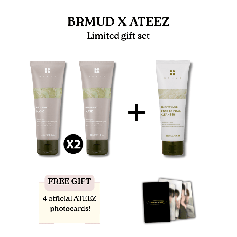 BRMUD x ATEEZ Gift Set with 2 Relief Mud Masks, Recovery Mud Pack To Foam Cleanser, mineral-rich Boryeong Mud for deep pore cleansing, acne control, blackhead removal, plus 4 official, exclusive and limited edition ATEEZ photo cards for ATINY fans.