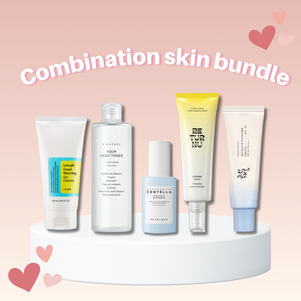 Combination Skin Bundle with COSRX Cleanser, S.NATURE Toner, SKIN1004 Blue Serum, RETURNU Tone Cream and Beauty of Joseon Relief Sun SPF50+.