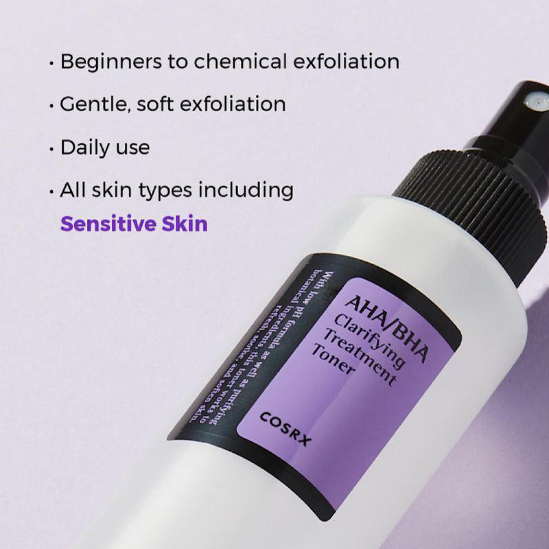 COSRX AHA/BHA Clarifying Treatment Toner 150ml helps reduce blackheads, control oil, and smooth uneven skin tone