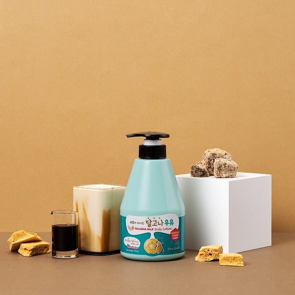 Close-up of Kwailnara Dalgona Body Lotion, showcasing its Korean body care formula with milk and sugar candy-inspired fragrance.