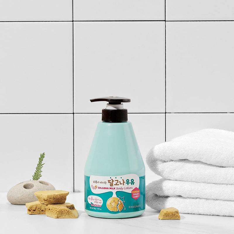 Kwailnara Sugar Candy Milk Body Lotion alongside other Korean body care essentials, highlighting its deeply moisturizing and sweetly scented benefits.