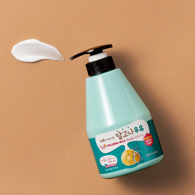 Flat lay of Kwailnara Dalgona Milk Body Lotion with Korean skincare elements, perfect for indulgent hydration and silky skin.