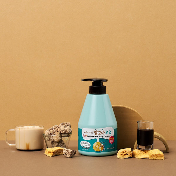 Close-up of Kwailnara Sugar Candy Milk Body Cleanser with rich lather and a sweet, indulgent caramel-inspired scent.