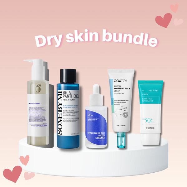 Dry Skin Bundle with Eqqualberry Cleanser, SOME BY MI Toner, Isntree Essence, COSTOK Aqua Cream and SCINIC Mild Sun Essence for daily hydration and care.