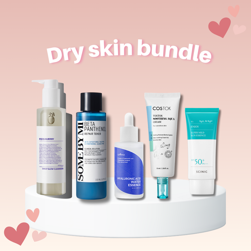 Dry Skin Bundle with Eqqualberry Cleanser, SOME BY MI Toner, Isntree Essence, COSTOK Aqua Cream and SCINIC Mild Sun Essence for daily hydration and care.