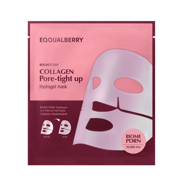 Eqqualberry Collagen Hydrogel Mask for pore-tightening and deep hydration with vegan PDRN and glacier water.