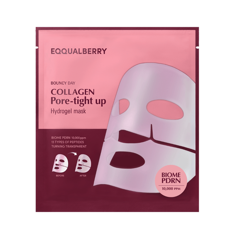 Eqqualberry Collagen Hydrogel Mask for pore-tightening and deep hydration with vegan PDRN and glacier water.