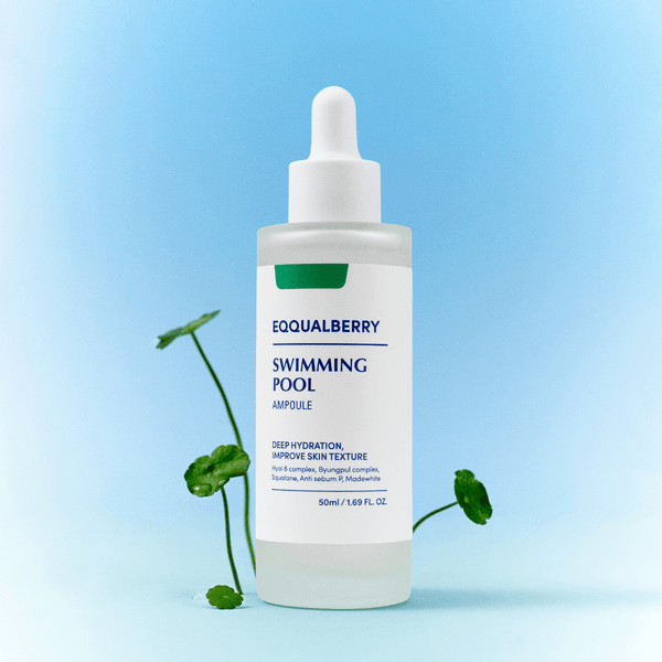 Hydrating Eqqualberry Swimming Pool Ampoule 50ml with Cica and anti-sebum complex for sensitive, acne-prone skin.