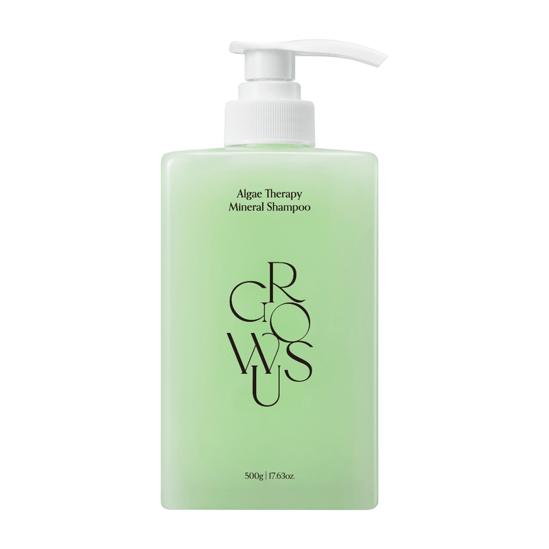 Korean green shampoo bottle with pump labeled 'GROWUS' on a white background