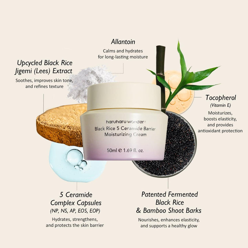 HaruHaru Black Rice Ceramide Moisturizing Cream for strengthening barrier, improving hydration, and calming irritation.