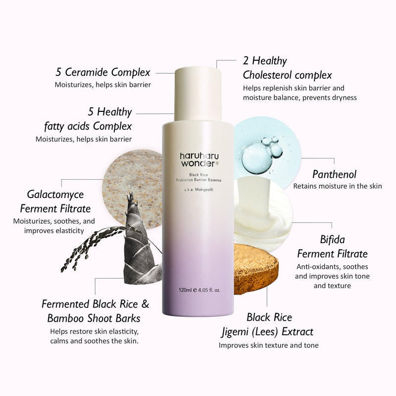 Vegan, fragrance-free essence with fermented black rice, ceramides, and probiotic complex for barrier repair.