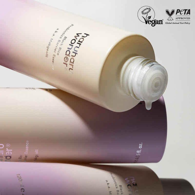 Lightweight, fast-absorbing HaruHaru Wonder Black Rice Probiotics Barrier Essence for daily hydration and sensitive skin care.
