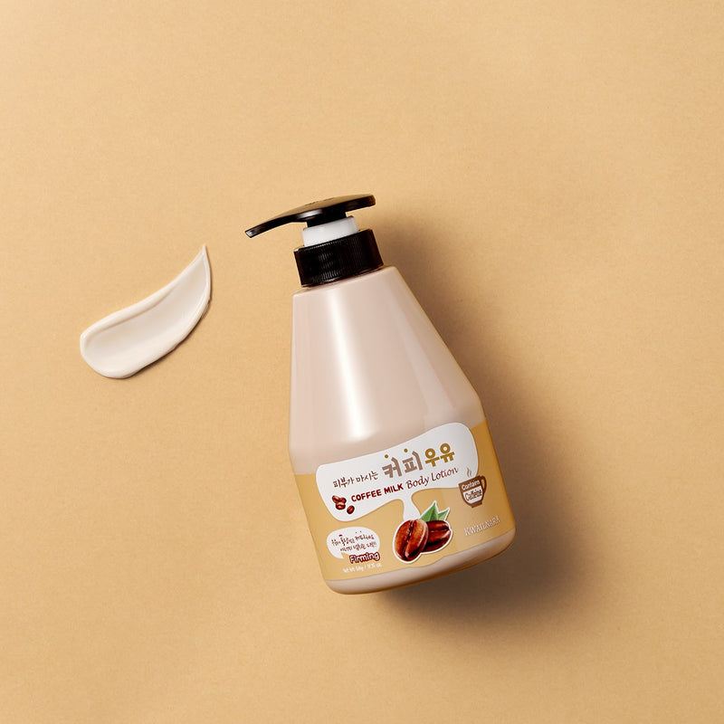 Close-up of Kwailnara Coffee Milk Body Lotion packaging, a trending Korean body lotion enriched with coffee and milk essence for soft, radiant skin.
