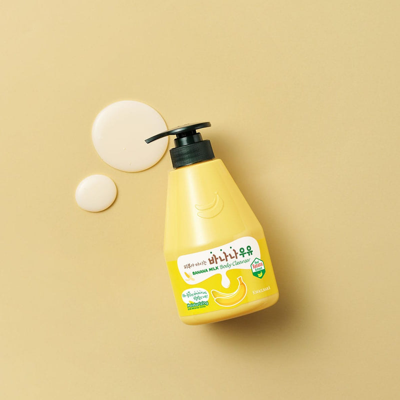 Kwailnara Banana Milk Body Cleanser in vibrant packaging, a Korean skincare favorite infused with banana extract and milk proteins for silky-smooth, refreshed skin.