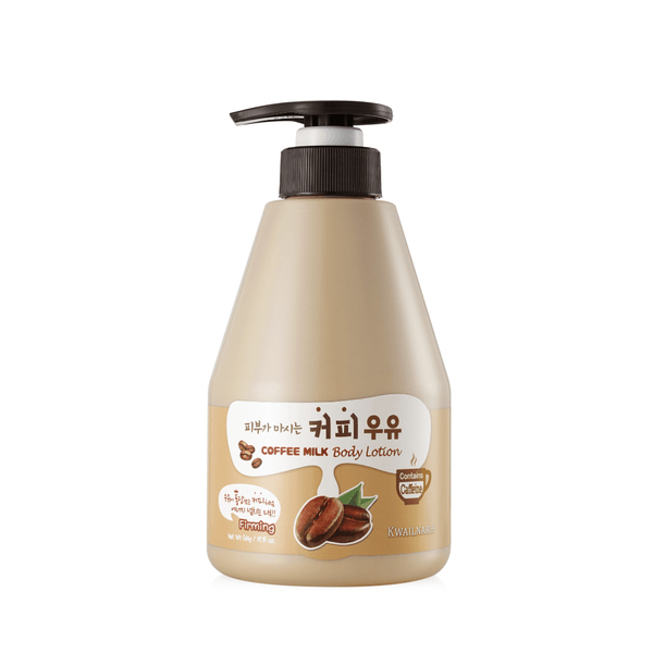 Kwailnara Coffee Milk Body Lotion bottle on a white background, showcasing Korean skincare innovation with moisturising milk protein and coffee extract for glowing skin.