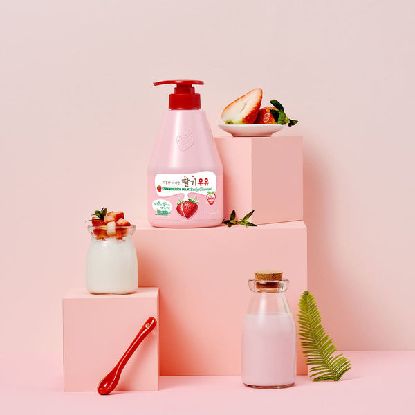Gentle and hydrating Kwailnara Strawberry Milk Body Cleanser with strawberry extract for soft, refreshed skin.