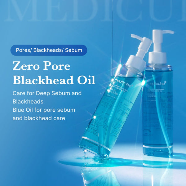 Close-up of Medicube cleansing oil with LHA, niacinamide and guaiazulene for smooth, clear skin