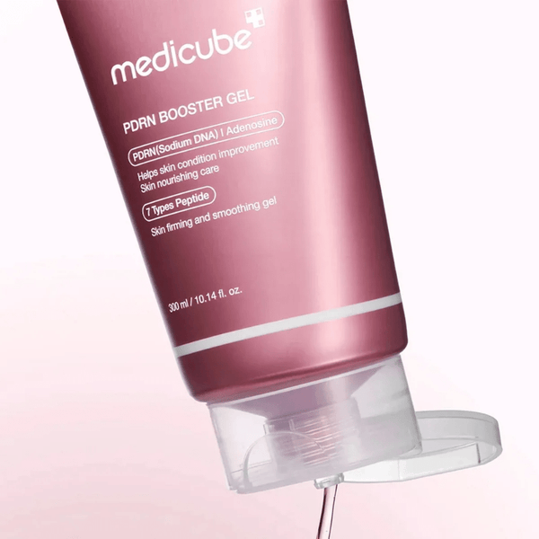 Close-up of Medicube PDRN Booster Gel 300ml lightweight gel for strengthening skin barrier, calming redness, and improving elasticity