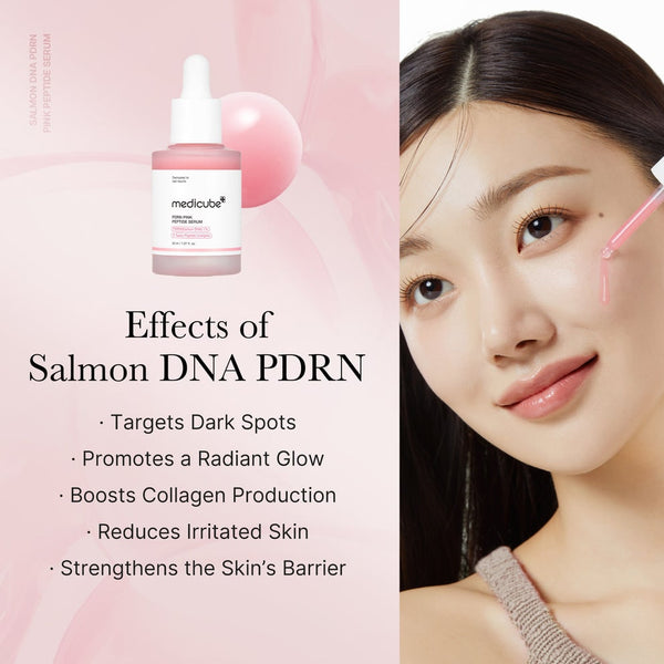 Close-up of Medicube Pink Peptide Serum 30ml to reduce fine lines, brighten skin tone, and boost hydration