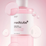 Close-up of Medicube Pink Cica Soothing Toner 250ml lightweight, hydrating formula for sensitive, post-acne, and uneven skin tone