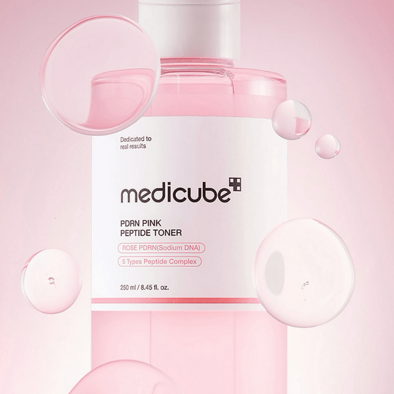 Close-up of Medicube Pink Cica Soothing Toner 250ml lightweight, hydrating formula for sensitive, post-acne, and uneven skin tone