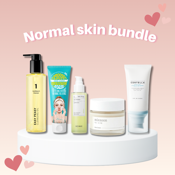 Normal Skin Bundle with Numbuzin Cleansing Oil, Ariul Foam Cleanser, SCINIC Ampoule, MIXSOON Bean Cream and SKIN1004 Hyalu-Cica Sunscreen for a complete Korean skincare routine.