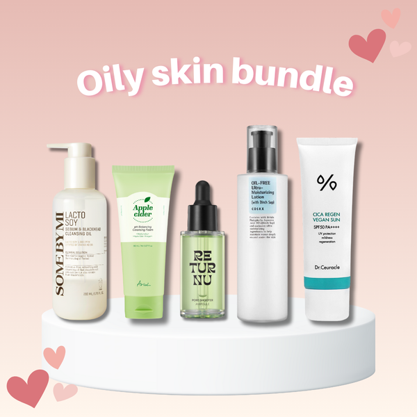 Oily Skin Bundle with SOME BY MI Cleansing Oil, Ariul Apple Cider Foam, RETURNU Ampoule, COSRX Birch Lotion and Dr. Ceuracle Vegan Sunscreen.