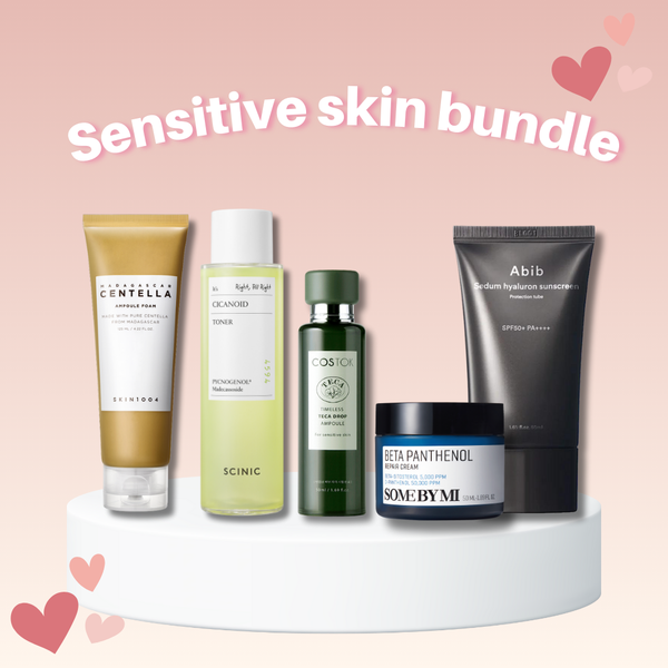 Sensitive Skin Bundle with SKIN1004 Centella Cleanser, SCINIC Toner, COSTOK Teca Ampoule, SOME BY MI Repair Cream and Abib Hyaluron Sunscreen.