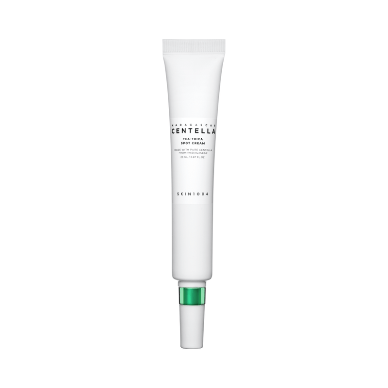 SKIN1004 Madagascar Centella Tea-Trica Spot Cream acne treatment with Tea Tree, Centella Asiatica and PHA exfoliants designed to calm redness, reduce breakouts and soothe irritated skin.