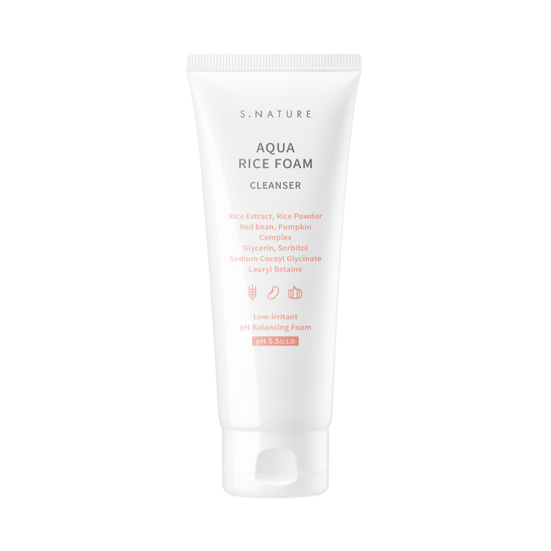S.Nature Aqua Rice Foam Cleanser in a chic bottle, formulated with rice extract to gently cleanse, remove impurities, and hydrate the skin, a key product in Korean skincare for a fresh, radiant complexion.