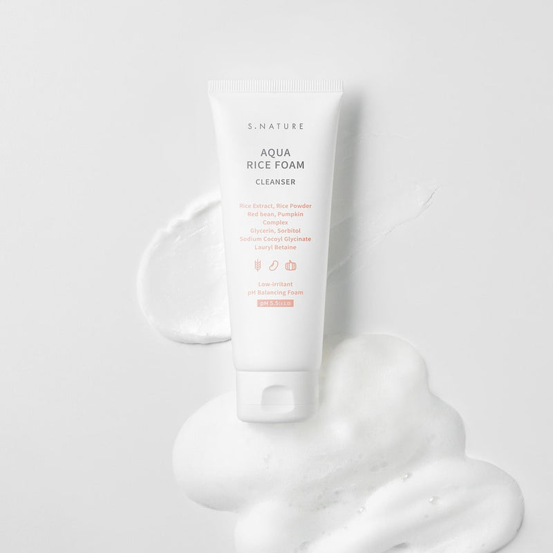 S.Nature Aqua Rice Foam Cleanser, a rice face wash in a sleek bottle, formulated with nourishing rice extract to gently cleanse and hydrate, essential for a vibrant Korean skincare routine and promoting a clear, glowing complexion.