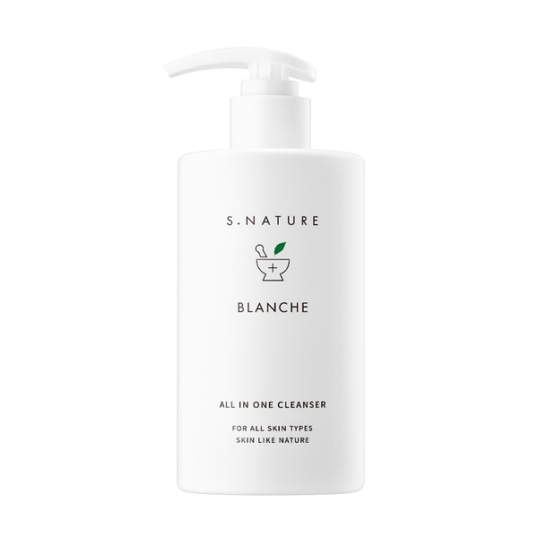 S.Nature Blanche All In One Cleanser in a sleek bottle, formulated to gently cleanse, remove makeup and hydrate the skin, leaving it refreshed and balanced, suitable for all skin types.