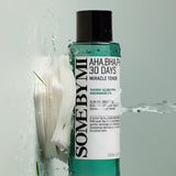 Close-up of SOME BY MI AHA.BHA.PHA 30 Days Miracle Toner, an exfoliating toner that removes dead skin cells, balances oil, and improves skin texture for acne-prone and sensitive skin types.