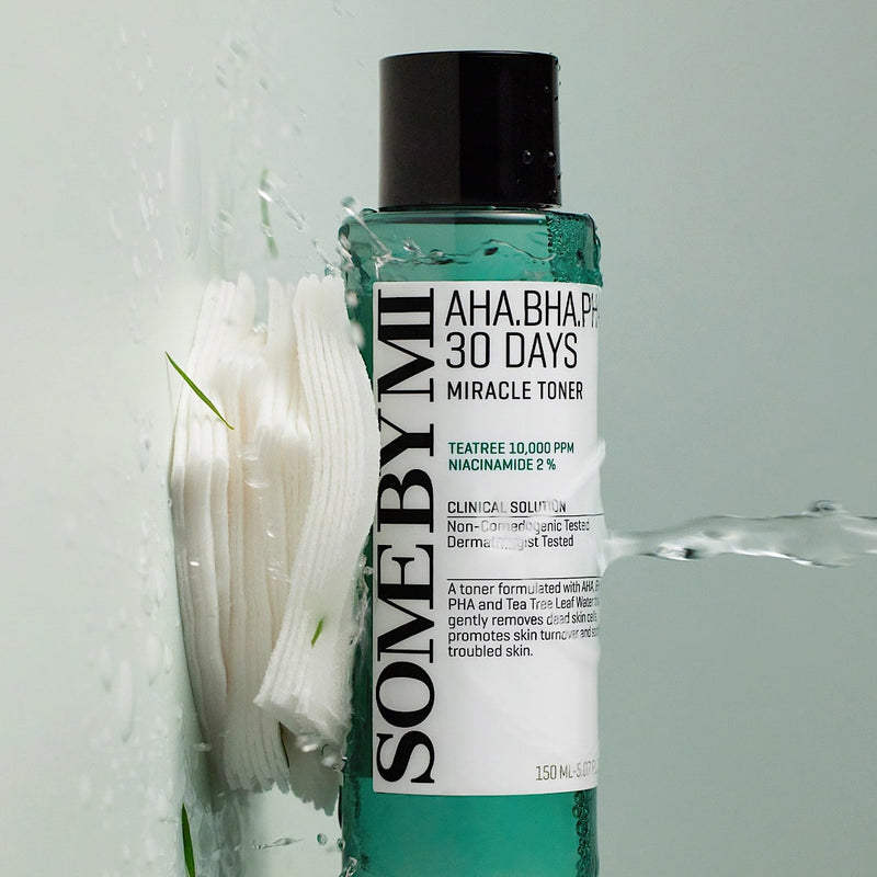 Close-up of SOME BY MI AHA.BHA.PHA 30 Days Miracle Toner, an exfoliating toner that removes dead skin cells, balances oil, and improves skin texture for acne-prone and sensitive skin types.