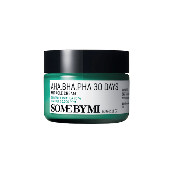 SOME BY MI AHA.BHA.PHA 30 Days Miracle Cream in a glass jar with lid, an exfoliating cream that combines AHA, BHA, and PHA for acne treatment, pore tightening, and skin brightening; gentle 30-day skin renewal cream suitable for sensitive and acne-prone skin.